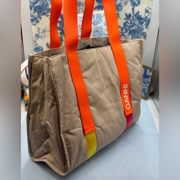 🆕 GANNI 🧿 NWT Medium Recycled Tech Tote, Tan & Orange - Picture 4 of 11